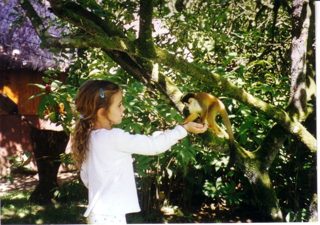 Cassidy with spider monkey, Costa Rica